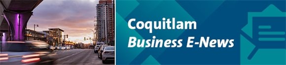 Image of Guildford Way beside a blue box with the words Coquitlam Business E-News