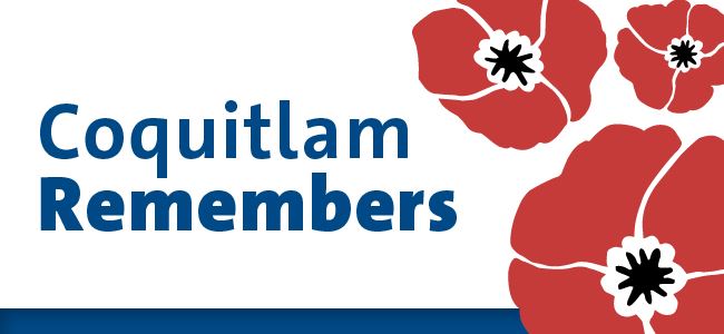 A graphic that reads 'Coquitlam Remembers' with poppies on the side