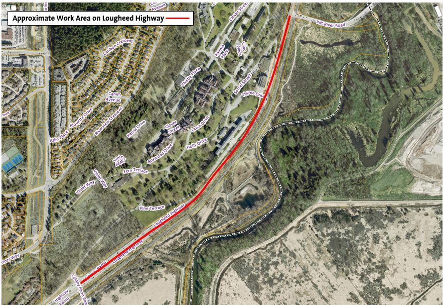 Location Map - Approximate Work Area on Lougheed Highway from Pitt River Road to Colony Farm Road