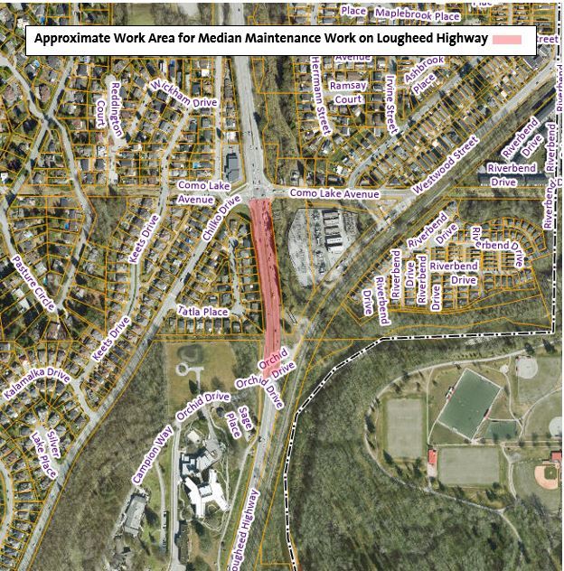 Location Map - Approximate Work Area on Loughed Highway between Chilko Drive and Orchid Drive