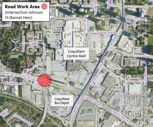 Location Map for Approximate Road Repaving Area at the Intersection of Barnet Highway and Johnson St