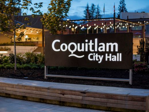 Sign at City Hall that reads Coquitlam City Hall