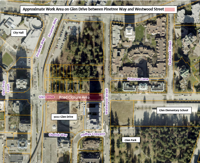 Location Map - Approximate Road Closure Area on Glen Drive between Glen Drive and Westwood Street