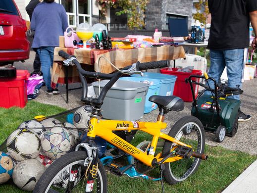 Yellow bike on display during garage sale
