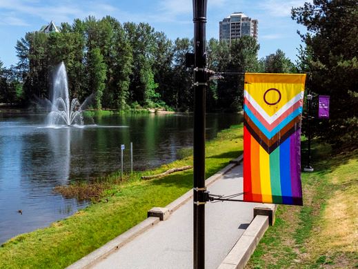 Pride banner with the Lafarge Lake fountain in the background