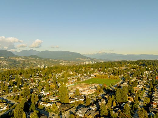 Aerial view looking northeast towards Coquitlam City Centre, with southwest in the foreground