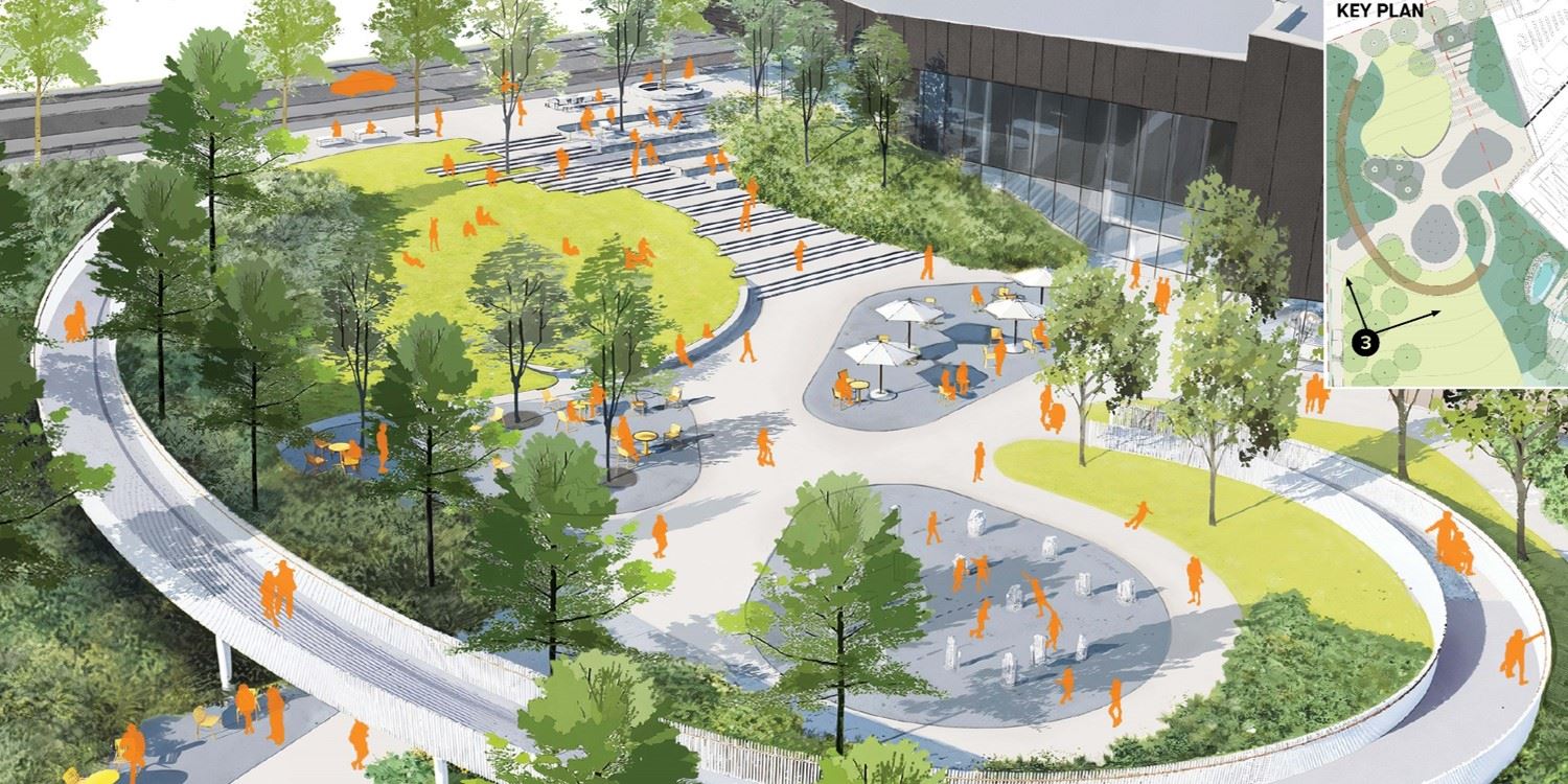 Rendering image of the schematic design for Burke Village Park, birds eye view