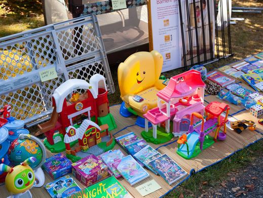 Items on mat for sale during garage sale