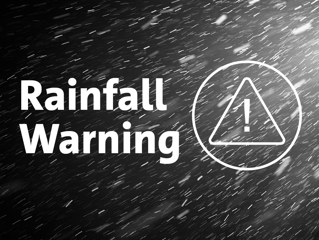 Rain image with text that reads rainfall warning