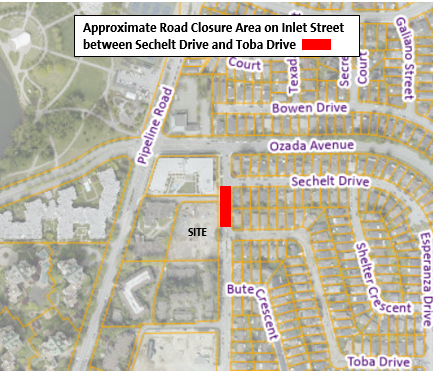 Approximate Road Closure Area on Inlet Street between Sechelt Drive and Toba Drive