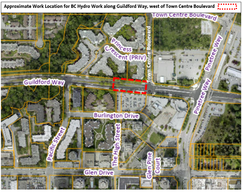 Approximate Work Area for BC Hydro Work Along Guildford Way, west of Town Centre Boulevard