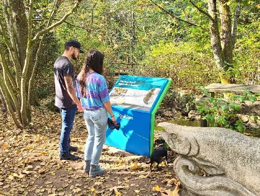 Two people standing at an interpretive sign in Hoy Creek Park