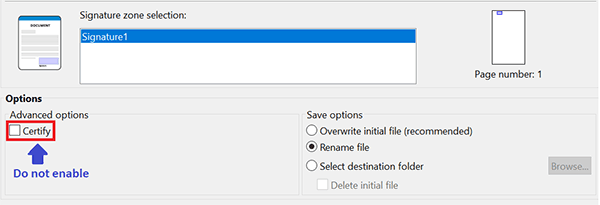 A screenshot showing a red box around a Certify check box, with an arrow that has \"Do Not Enable&