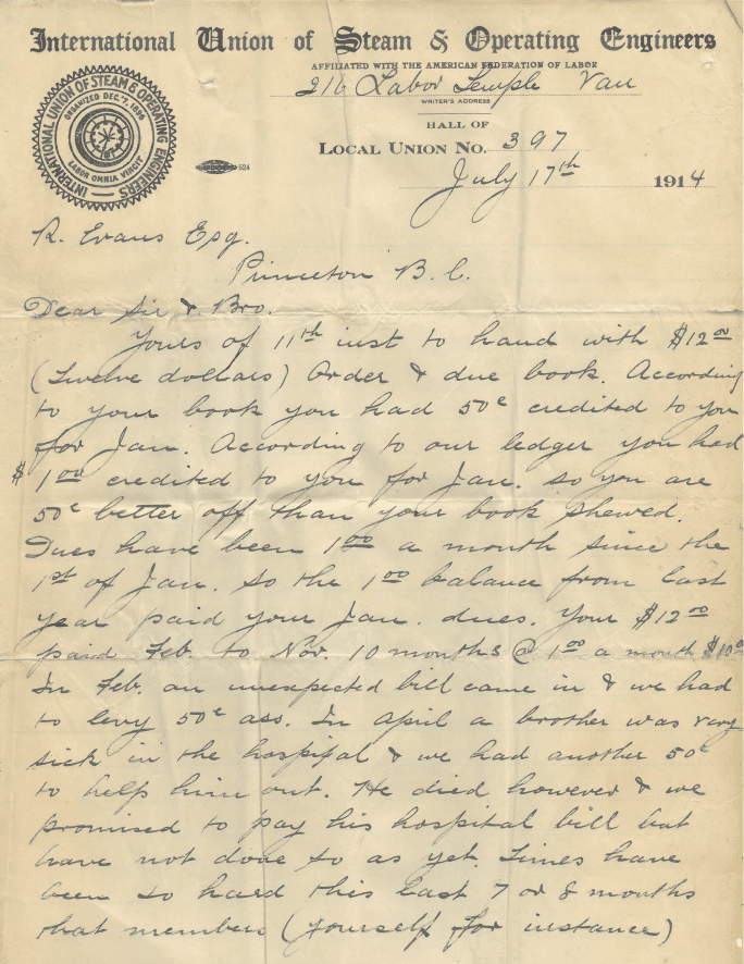 Photo of handwritten letter to Richard Evans - July 17 1914 Logbook entry