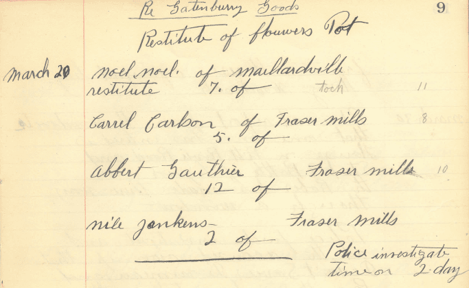 Photo of handwritten logbook entry: Restitution of flower pots