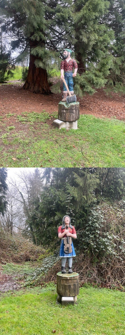 Sculpture of a lumberjack (Le Bûcheron) and violin player (La Violoniste)