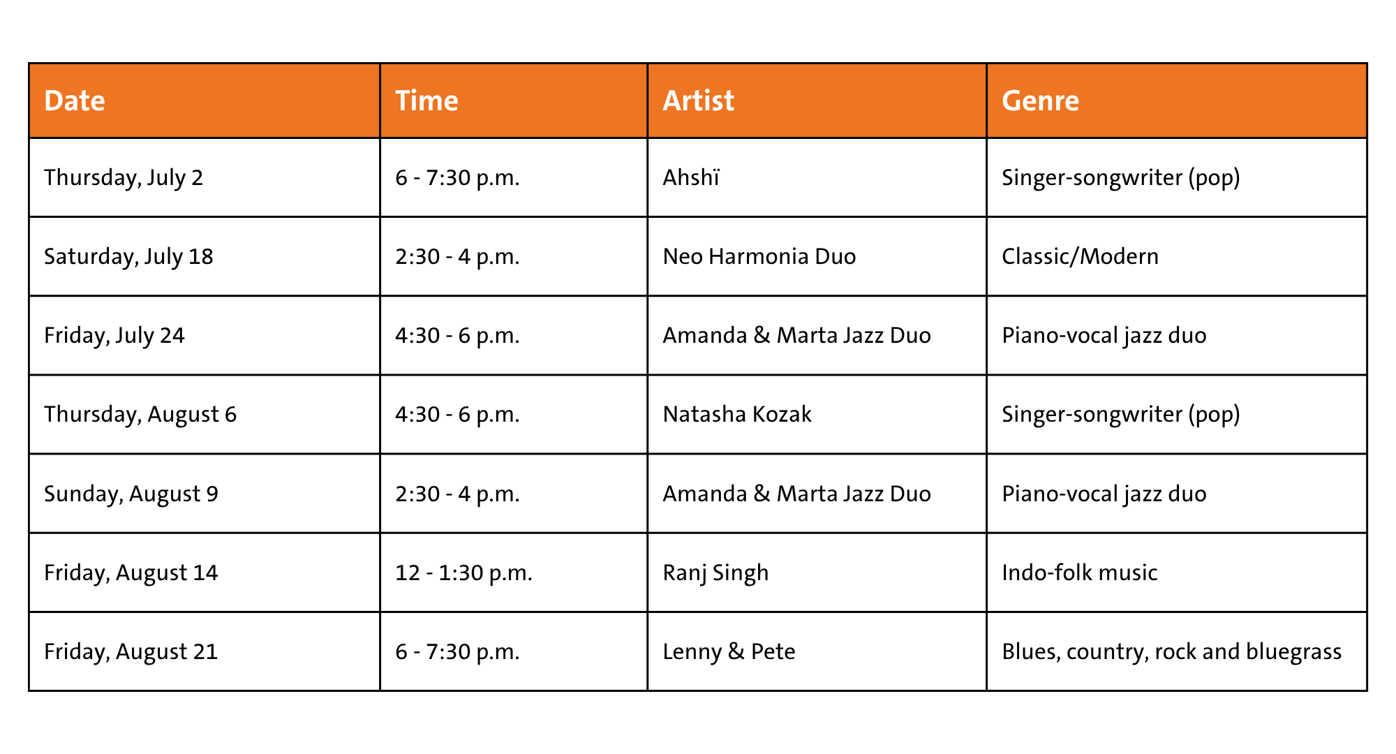 A graphic showing the dates and times of the performances