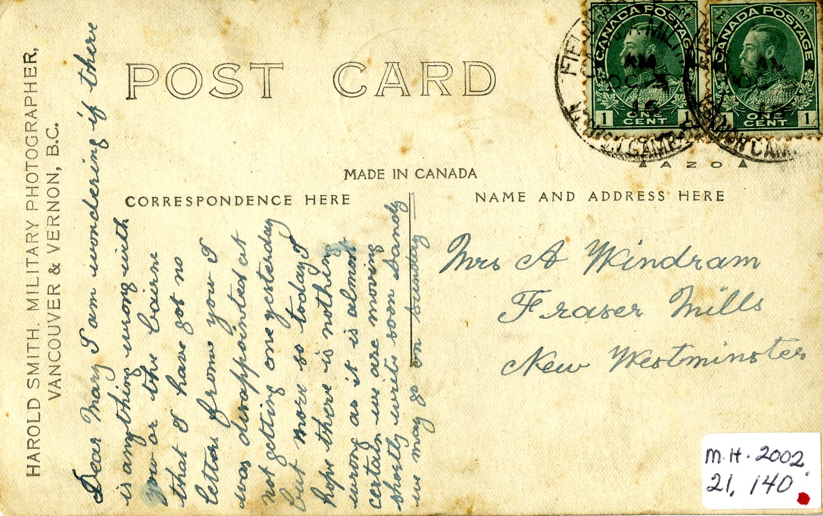 Windram Postcard Number 1 (Back), 1916 (JPG) Opens in new window