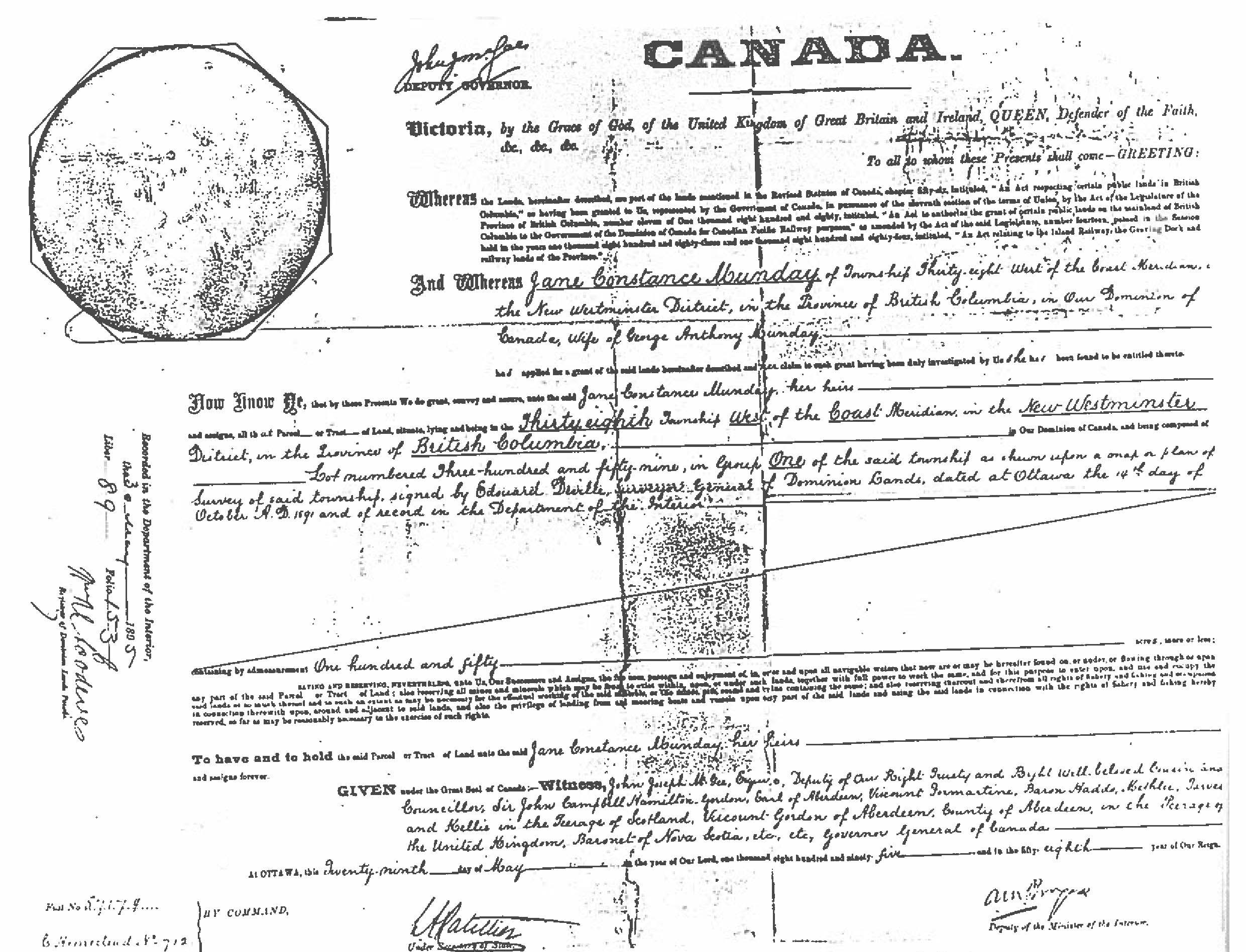25 - Crown Land Grant for Jane Constance Munday (1895) (Source Coquitlam 100 Years)  Opens in new window
