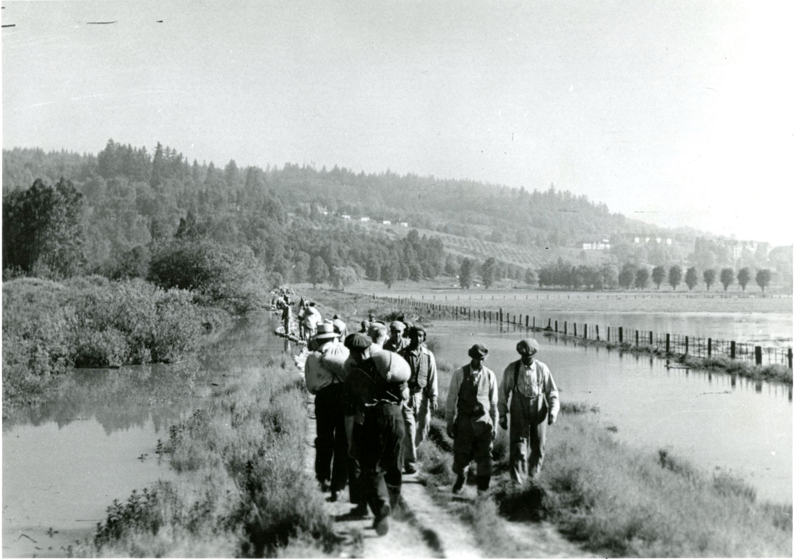 Strengthening the dykes at Colony Farm, 1948 (Source City of Coquitlam Archives, C6.1086) Opens in new window